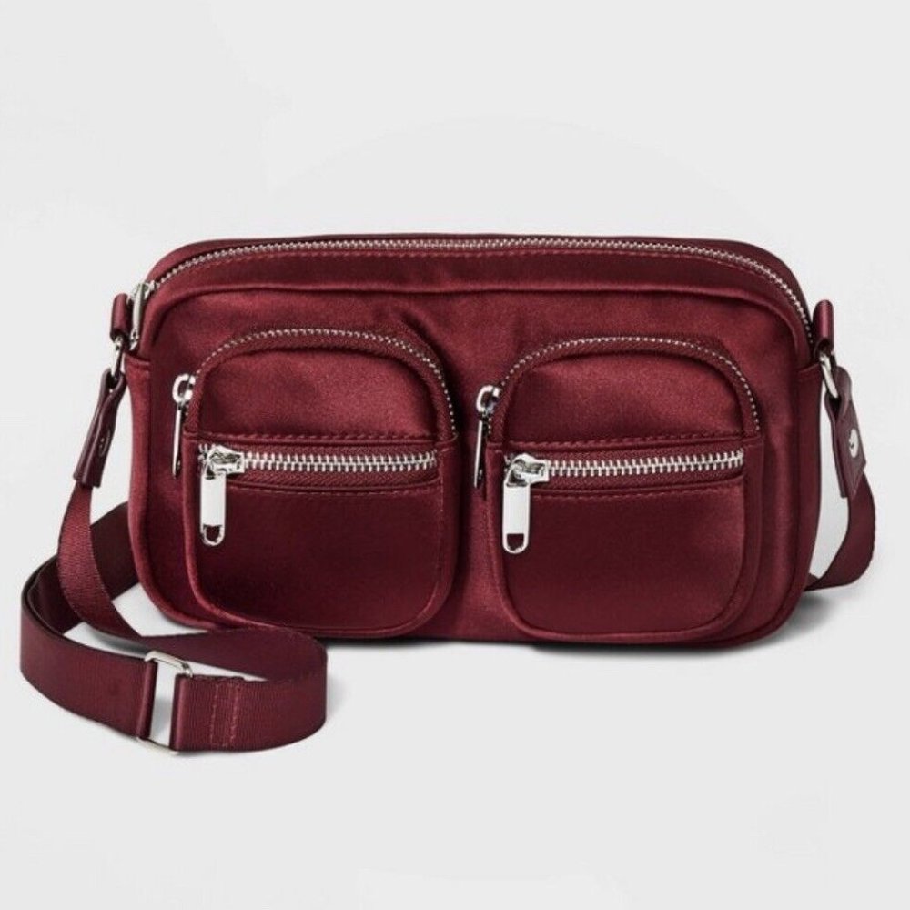 Wild Fable Small Burgundy Textile Women's Crossbody Bag Purse NEW Zip Pockets